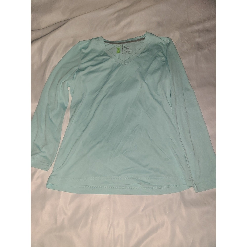Tunaskin Echo Performance Shirt Womens Medium Light Blue Long Sleeve V-Neck Top